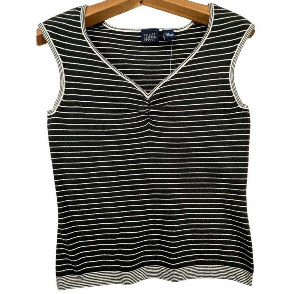 Hillard & Hanson Womens Sweater Sz M Black Striped Tank Ruched Classic Coastal